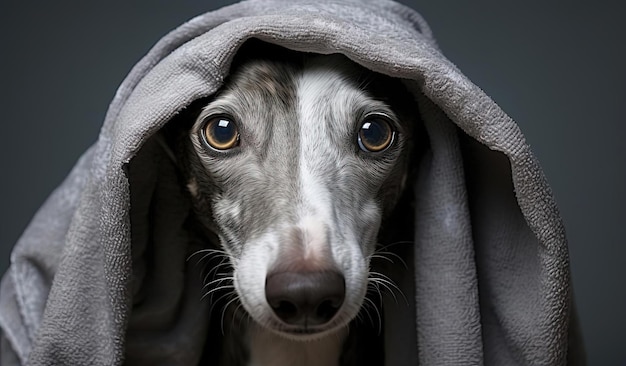 windhond met handdoek die zijn hoofd bedekt in de stijl van minimale retouchering