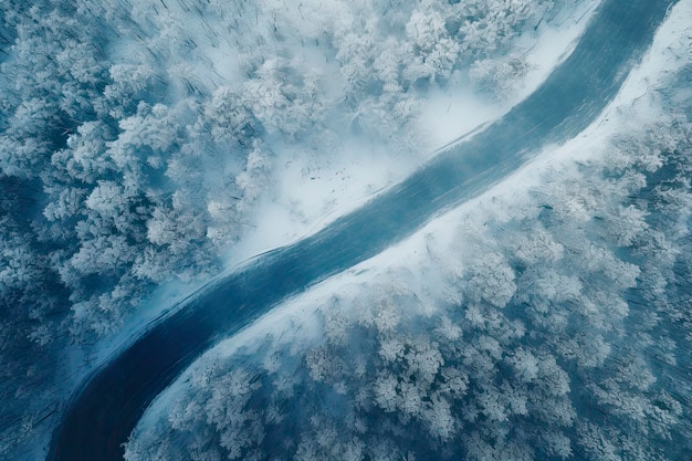 写真 雪に覆われた森の真ん中にある曲がりくねった曲がりくねった道を上から見下ろした空撮