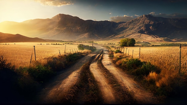 A winding country road leading to the mountains