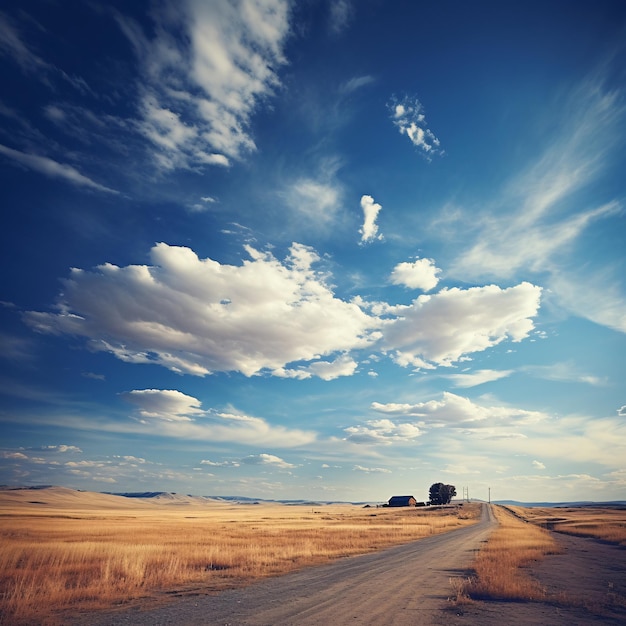 Winding Dirt Road in a Dry Field with a Small House AI Generated