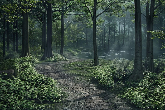 A winding forest trail leading to a hidden lake oc