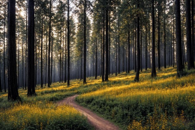 Winding forest trail with pine and deciduous trees and yellow wildflowers
