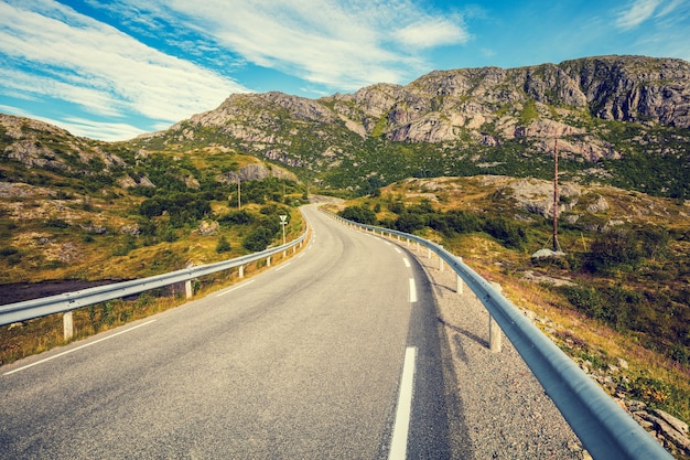 A winding mountain road. The beautiful nature of Norway. Lofoten Islands