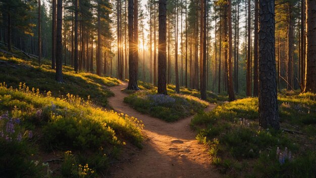 A winding mountain trail leading through a dense pine forest with shafts of golden sunlight filteri