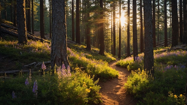 金色の太陽光フィルターのシャフトで密集した松の森を通る曲がりくねった山道