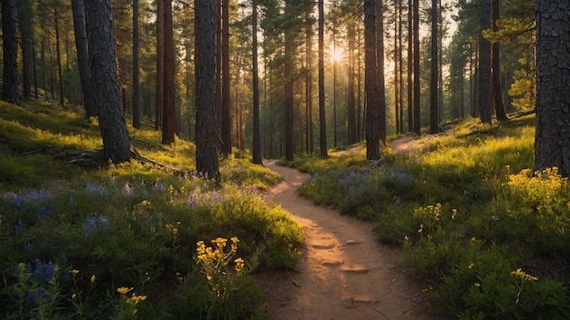 Foto un sentiero sinuoso di montagna che conduce attraverso una densa foresta di pini con pozzi di filtri di luce solare dorata