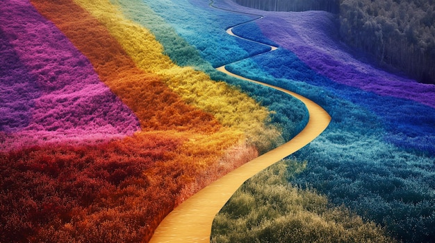 A winding path leading through a landscape colored in the spectrum of the Pride flag