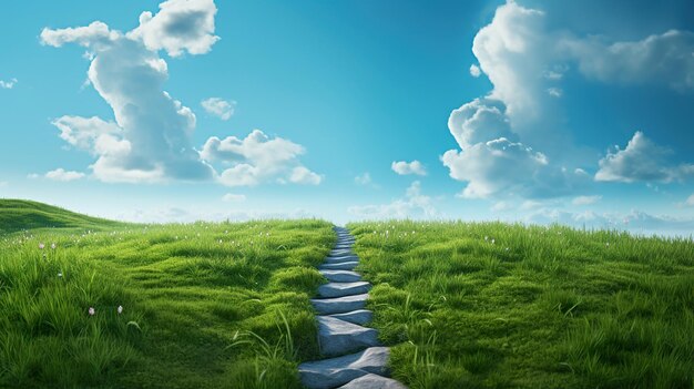 Photo a winding path leading up a grassy hill to a clear blue sky generative ai