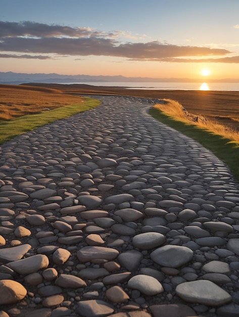 Photo a winding path of smooth stones illuminated by the setting sun stretching out into the horizon