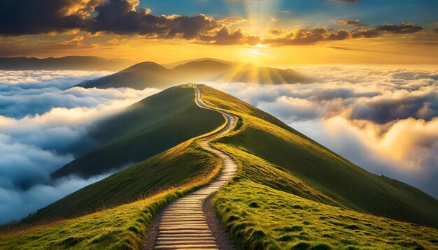 Photo winding path through clouds leads to a soft bright light in the distance symbolizing hope and opti
