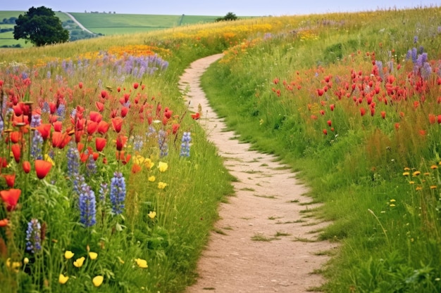 A winding path through fields of wildflowers