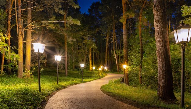 Foto cammino tortuoso attraverso la foresta con le lanterne di notte