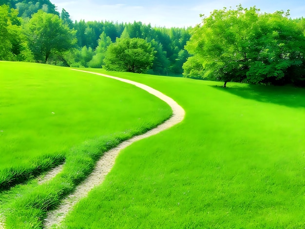 緑 の 草 を 通る 曲がりくねる 道