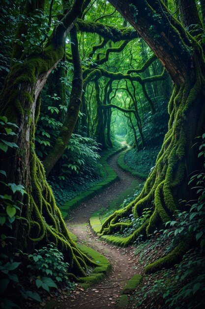 A winding path through a lush vibrant forest with the word forest carved into a tree trunk