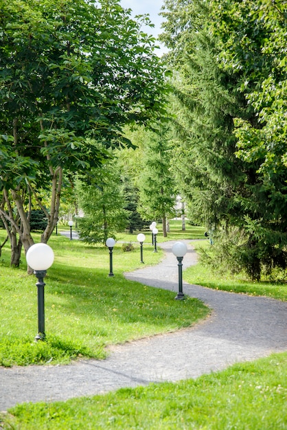 Winding path with lights in a green park in summer