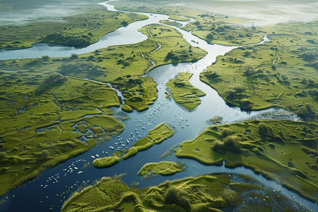 A winding river delta alive with birdlife