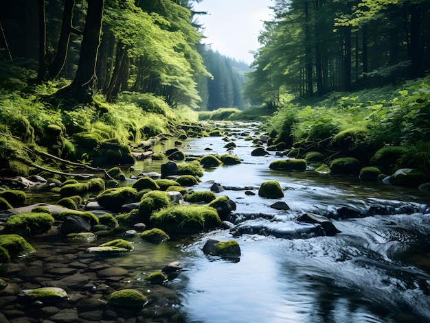 A winding river flowing through a dense forest