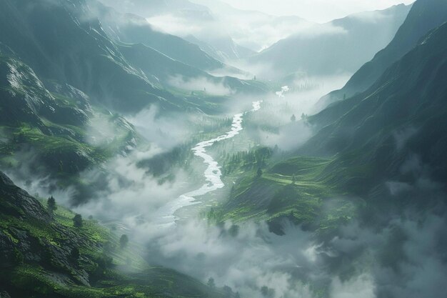 Извилистая река, протекающая через покрытую туманом долину