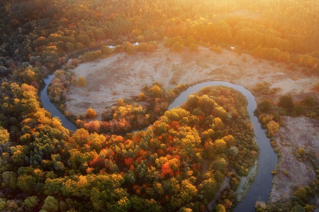 Winding river in the middle of a beautiful colorful forest at dawn. Aerial view.