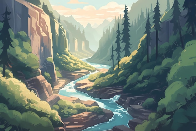 Winding river in mountain landscape Generative AI