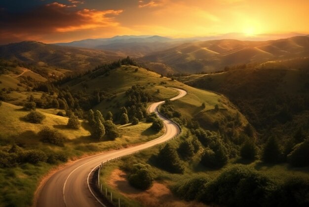 winding road in the hills with a beautiful view of the sun in the evening generative ai