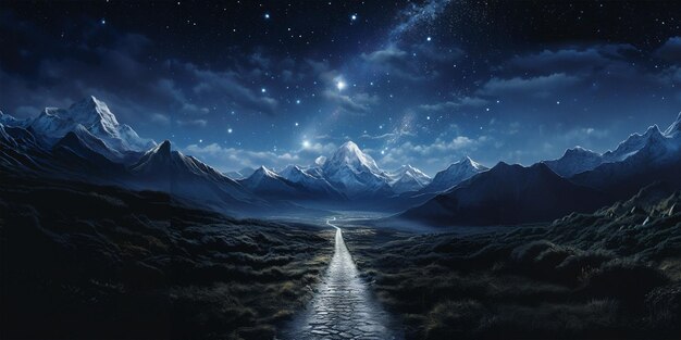 Winding road leading to the horizon with a backdrop of majestic mountain peaks AIgenerated