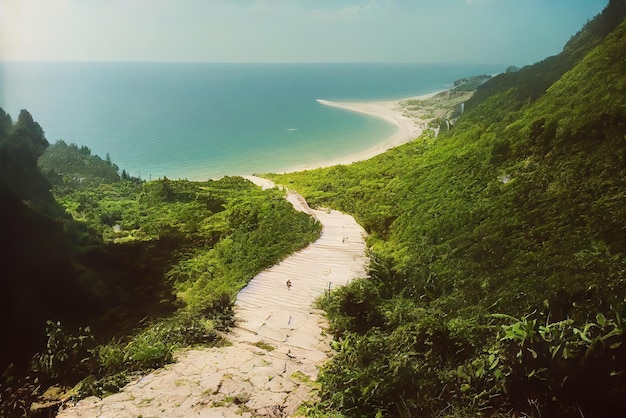 A winding road leads to the beach.