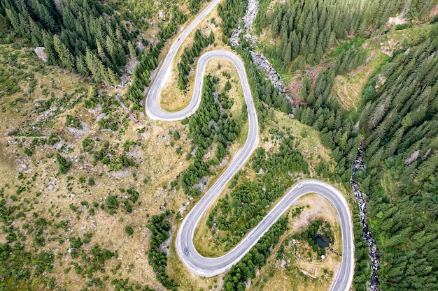 Winding road in the mountains, aerial view.