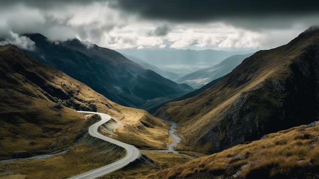 A winding road in the mountains with a cloudy sky in the background.