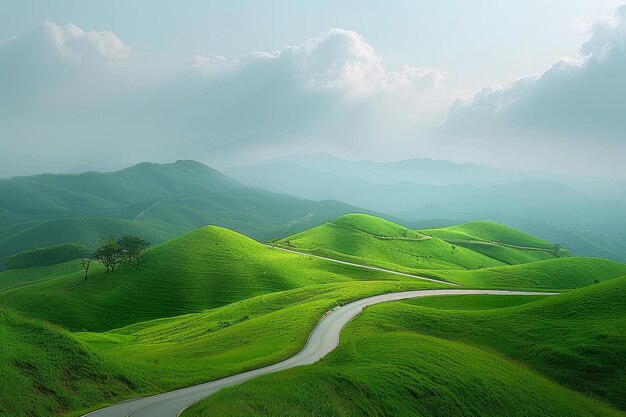 A winding road runs through a lush green valley