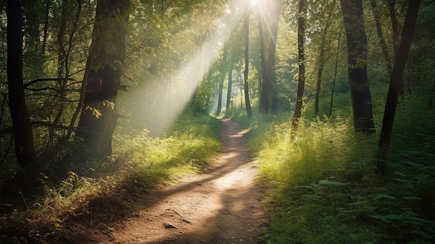 a winding road through the forest with a strong beam of light penetrating the canopy above it