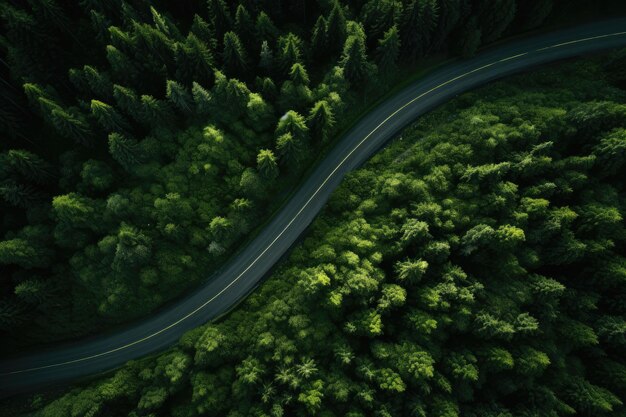 Winding road top view A flat track between dense green trees Asphalted road in forest Drone photo