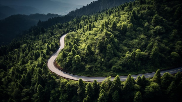 a winding road winding through a lush green forest