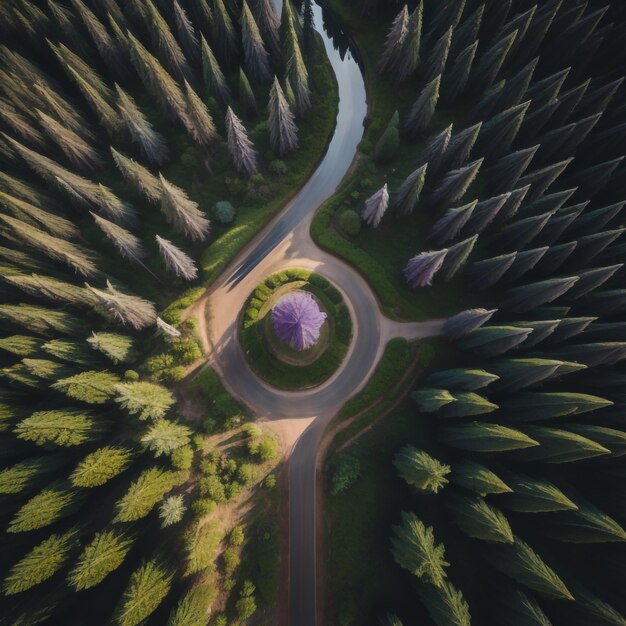 A winding road with a purple tree on the top.