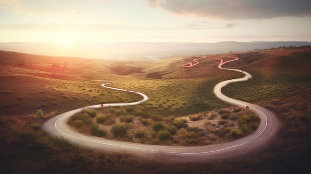 A winding road with a sunset in the background