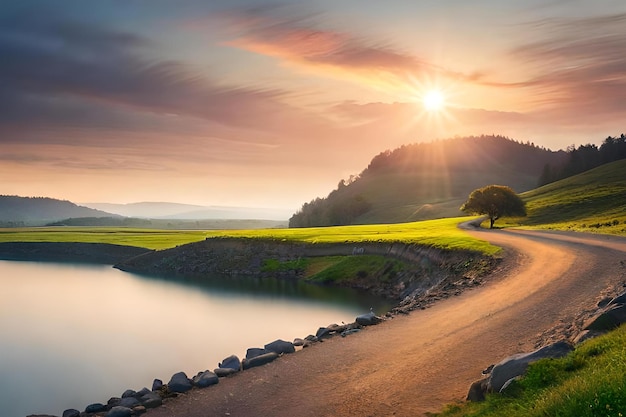 A winding road with a tree in the foreground and the sun setting behind it.