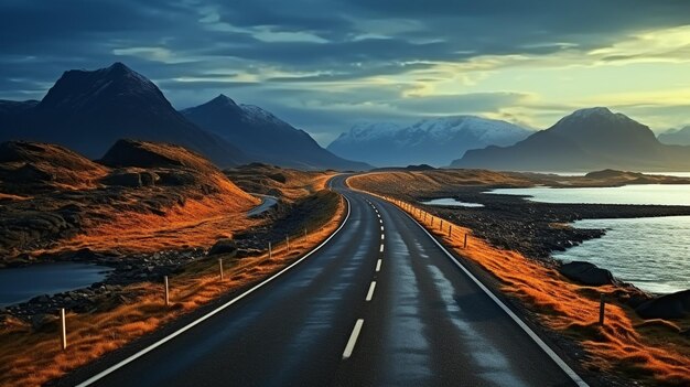 a winding road with a view of a mountain and a lake in the background