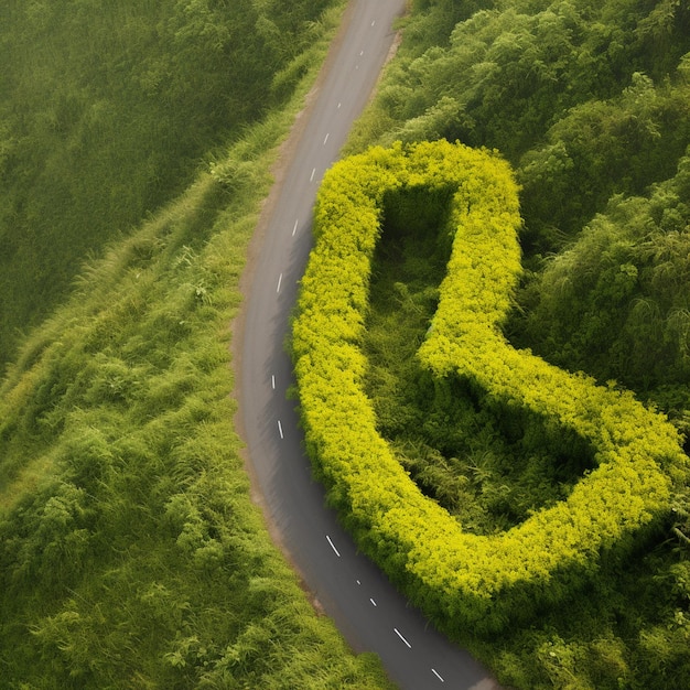 A winding road with a yellow flowered tree in the middle