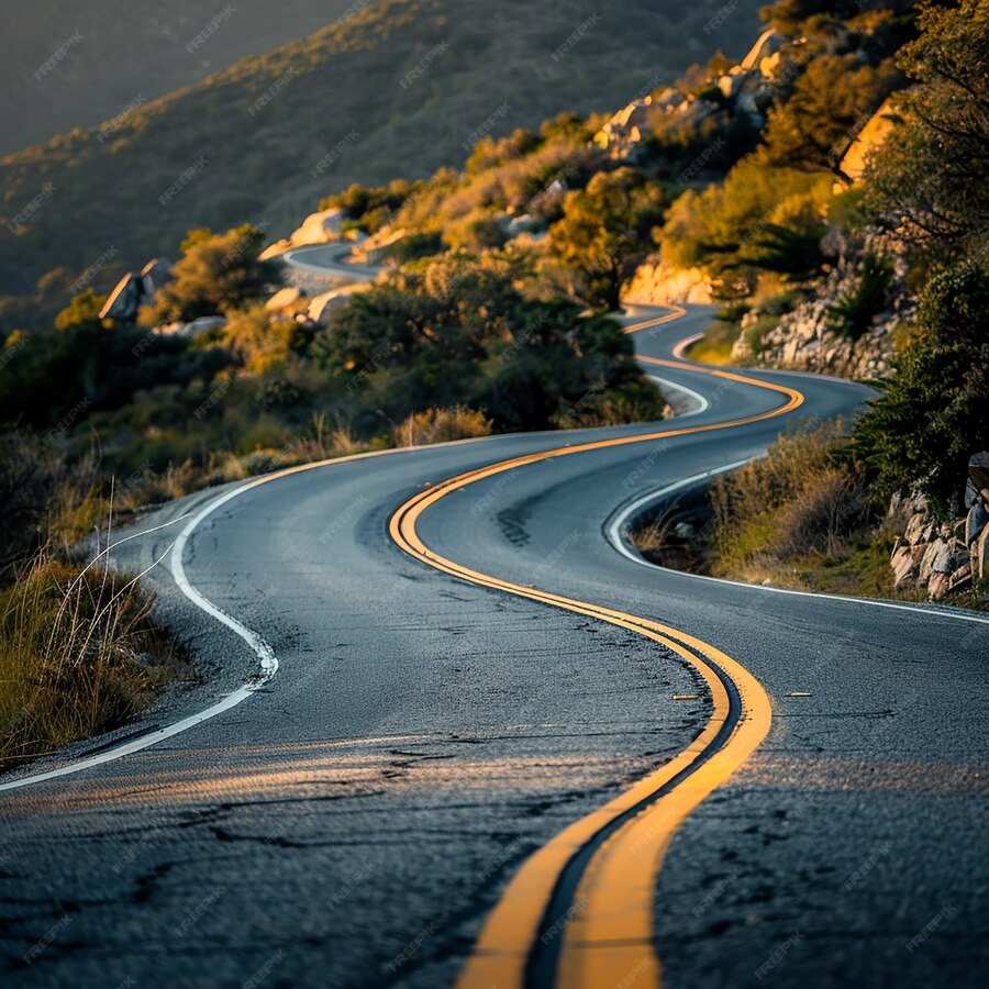 A winding road with a yellow line that says curve Premium AI