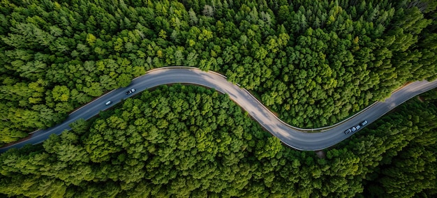 Winding road in the woods top view banner Generative AI