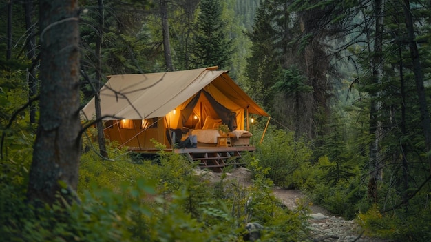 A winding trail leads you to a secluded campsite where a luxurious tent awaits offering a unique and