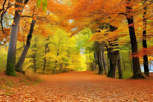 A winding trail through a forest ablaze with the warm colors of autumn leaves