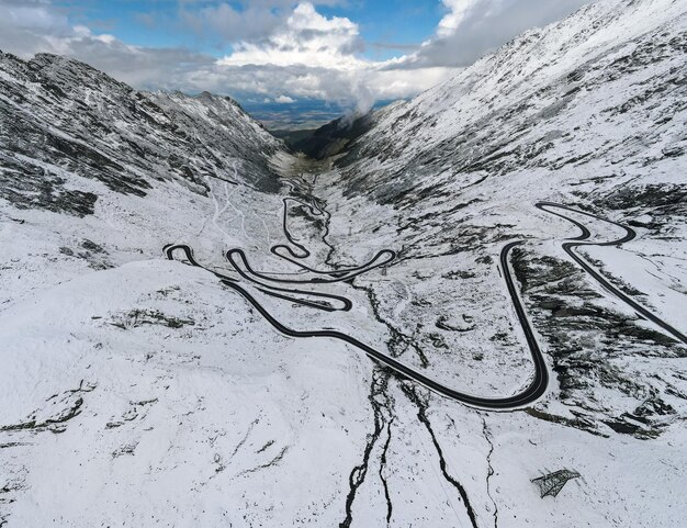 the winding transfagarasan highway with snow
