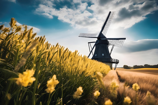 Windmill in beautiful landscape with blue sky