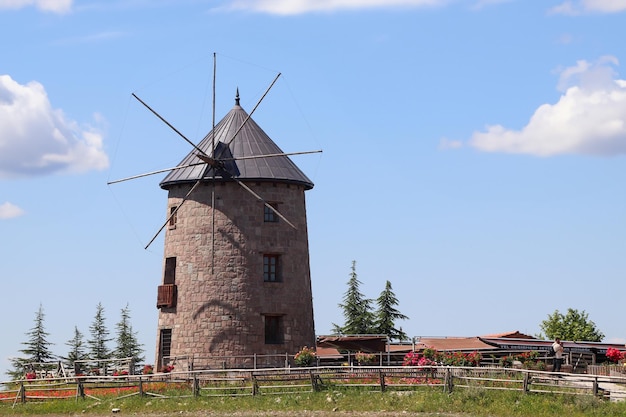 Windmill and blue sky photo of windmill with harvests