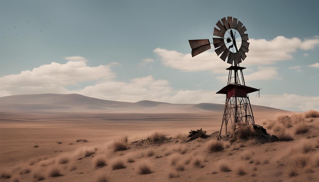 a windmill in the desert with a desert landscape in the background