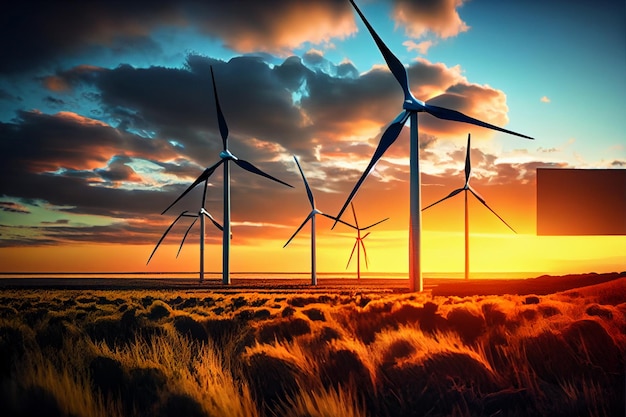 Windmill farm generating electricity at sunset landscape