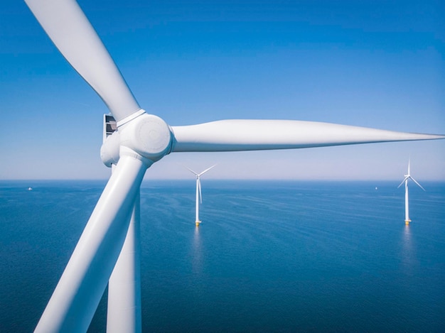 Windmill farm in the ocean, windmills isolated at sea on a beautiful bright day.