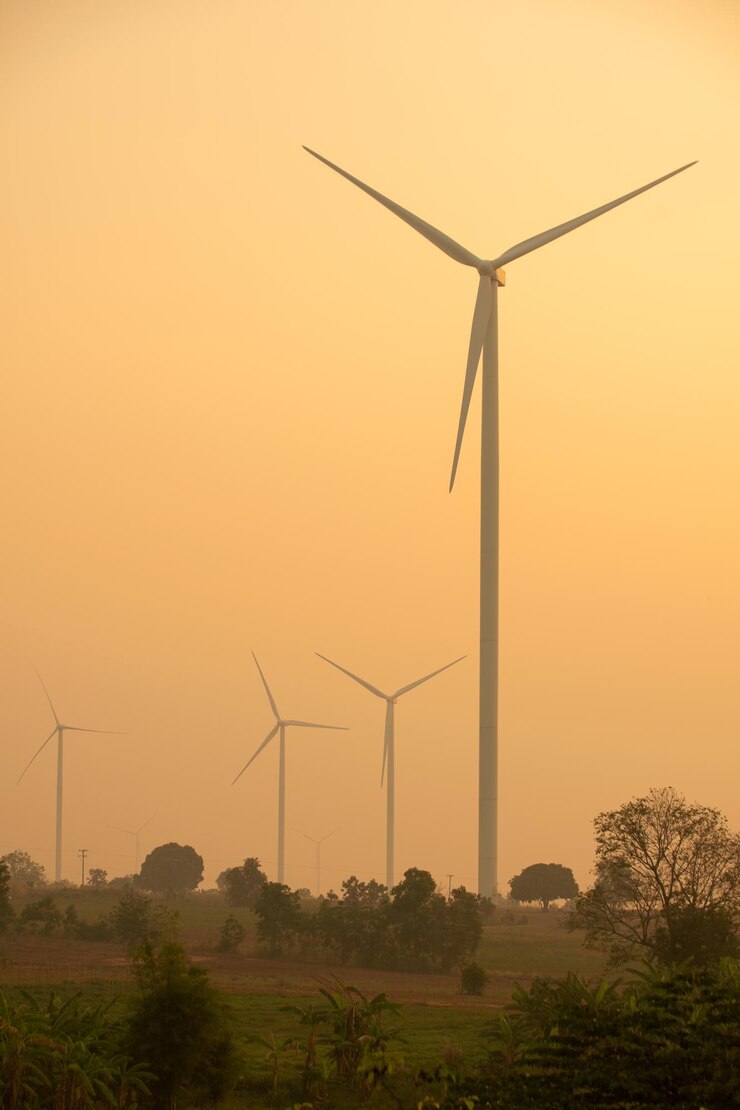 फोटो windmill on field against sky during sunset