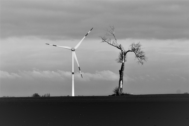 Foto mulino a vento sul campo contro il cielo